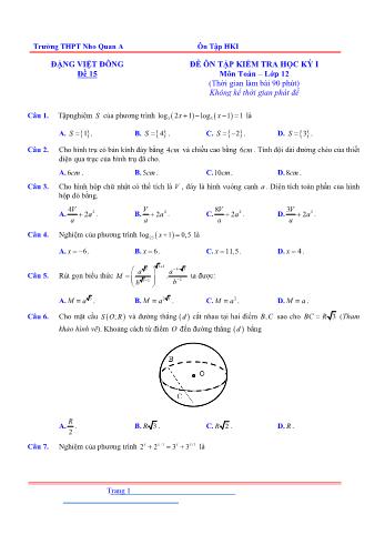 Đề ôn tập kiểm tra học kì 1 Toán Lớp 12 - Đề 15 (Có lời giải chi tiết)