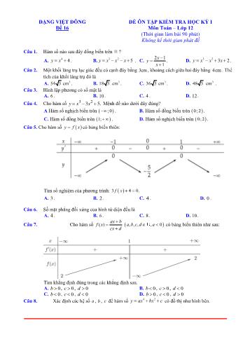 Đề ôn tập kiểm tra học kì 1 Toán Lớp 12 - Đề 16 (Có lời giải chi tiết)