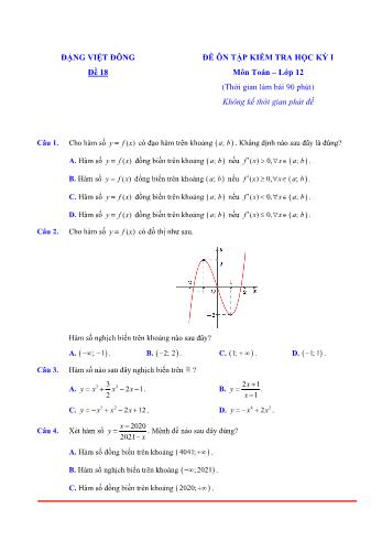 Đề ôn tập kiểm tra học kì 1 Toán Lớp 12 - Đề 18 (Có lời giải chi tiết)