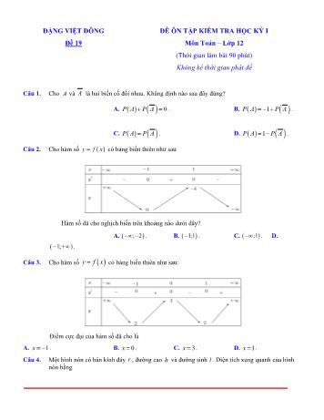 Đề ôn tập kiểm tra học kì 1 Toán Lớp 12 - Đề 19 (Có lời giải chi tiết)