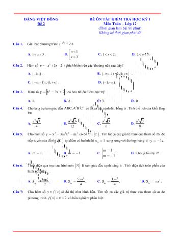 Đề ôn tập kiểm tra học kì 1 Toán Lớp 12 - Đề 2 (Có lời giải chi tiết)