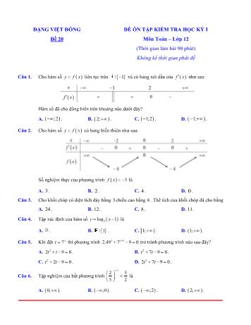 Đề ôn tập kiểm tra học kì 1 Toán Lớp 12 - Đề 20 (Có lời giải chi tiết)