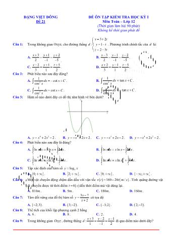 Đề ôn tập kiểm tra học kì 1 Toán Lớp 12 - Đề 21 (Có lời giải chi tiết)