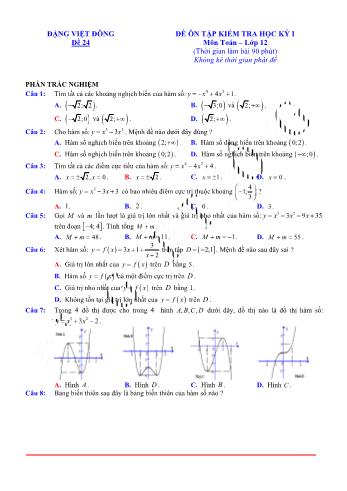 Đề ôn tập kiểm tra học kì 1 Toán Lớp 12 - Đề 24 (Có lời giải chi tiết)