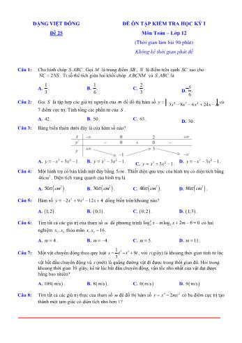 Đề ôn tập kiểm tra học kì 1 Toán Lớp 12 - Đề 25 (Có lời giải chi tiết)