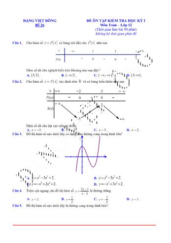 Đề ôn tập kiểm tra học kì 1 Toán Lớp 12 - Đề 26 (Có lời giải chi tiết)