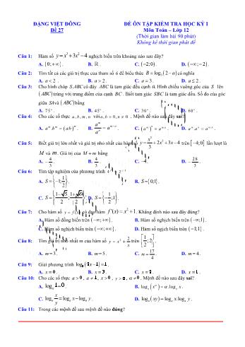 Đề ôn tập kiểm tra học kì 1 Toán Lớp 12 - Đề 27 (Có lời giải chi tiết)
