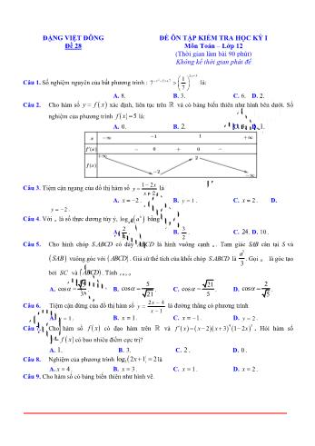 Đề ôn tập kiểm tra học kì 1 Toán Lớp 12 - Đề 28 (Có lời giải chi tiết)