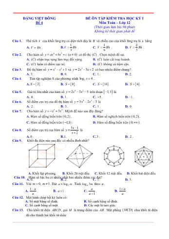 Đề ôn tập kiểm tra học kì 1 Toán Lớp 12 - Đề 4 (Có lời giải chi tiết)
