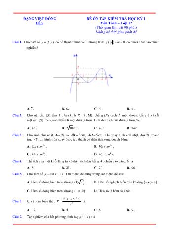 Đề ôn tập kiểm tra học kì 1 Toán Lớp 12 - Đề 5 (Có lời giải chi tiết)