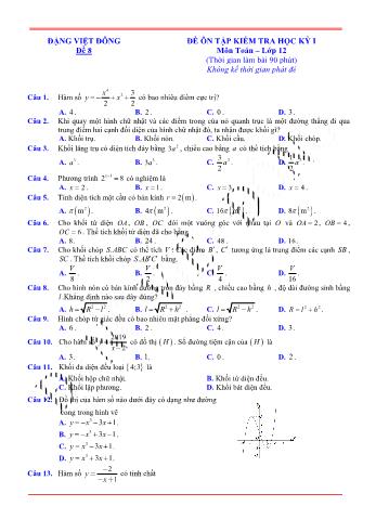 Đề ôn tập kiểm tra học kì 1 Toán Lớp 12 - Đề 8 (Có lời giải chi tiết)