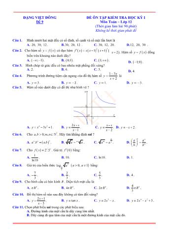 Đề ôn tập kiểm tra học kì 1 Toán Lớp 12 - Đề 9 (Có lời giải chi tiết)