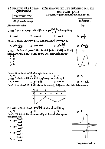 Kiểm tra cuối học kì 1 Toán Lớp 12 - Mã đề 101 - Năm học 2021-2022 - Sở GD&ĐT Quảng Nam