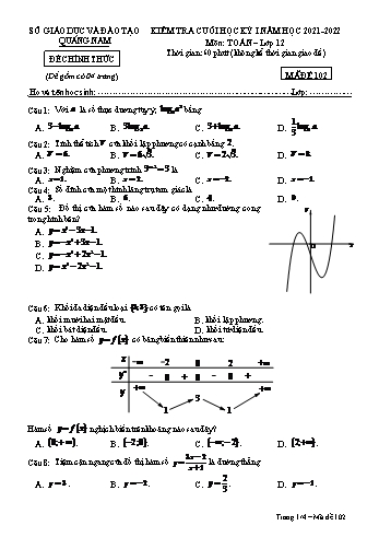 Kiểm tra cuối học kì 1 Toán Lớp 12 - Mã đề 102 - Năm học 2021-2022 - Sở GD&ĐT Quảng Nam