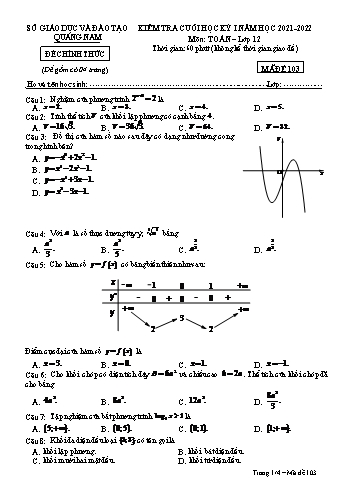 Kiểm tra cuối học kì 1 Toán Lớp 12 - Mã đề 103 - Năm học 2021-2022 - Sở GD&ĐT Quảng Nam