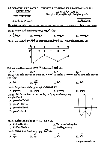 Kiểm tra cuối học kì 1 Toán Lớp 12 - Mã đề 104 - Năm học 2021-2022 - Sở GD&ĐT Quảng Nam