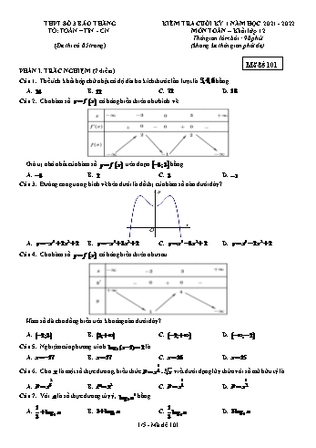 Kiểm tra cuối kì 1 Toán Lớp 12 - Mã đề 101 - Năm học 2021-2022 - Trường THPT số 3 Bảo Thắng (Có đáp án)