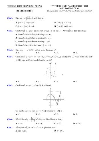 Kỳ thi học kì 1 Toán Lớp 12 - Năm học 2021-2022 - Trường THPT Phan Đình Phùng