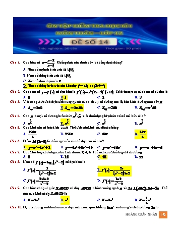 Ôn tập kiểm tra học kì 1 Toán Lớp 12 - Đề số 14 (Có hướng dẫn giải)