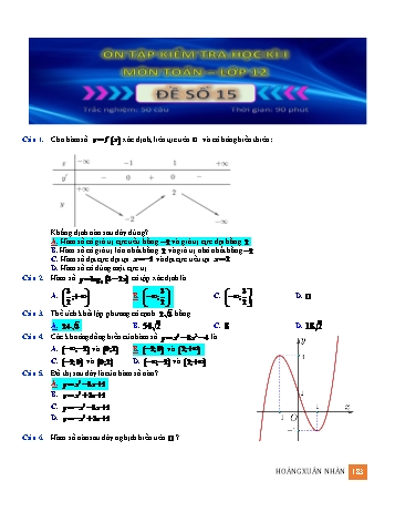 Ôn tập kiểm tra học kì 1 Toán Lớp 12 - Đề số 15 (Có hướng dẫn giải)
