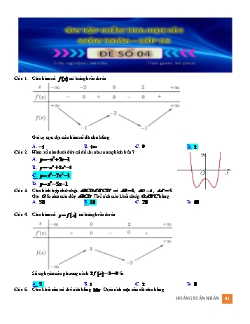 Ôn tập kiểm tra học kì 1 Toán Lớp 12 - Đề số 4 (Có hướng dẫn giải)