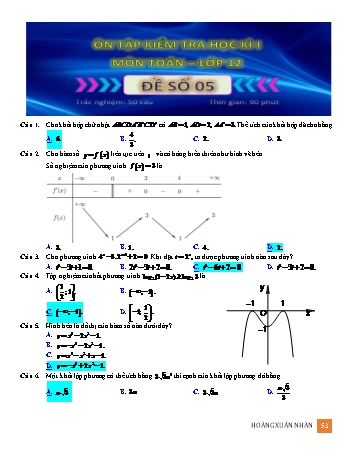 Ôn tập kiểm tra học kì 1 Toán Lớp 12 - Đề số 5 (Có hướng dẫn giải)