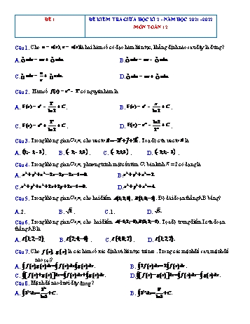 4 Đề kiểm tra giữa học kì 2 Toán Lớp 12 - Năm học 2021-2022 (Có đáp án)