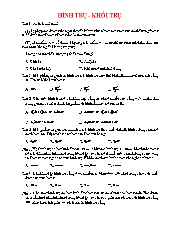 Bài tập Toán Lớp 12 - Hình trụ, khối trụ (Có đáp án)