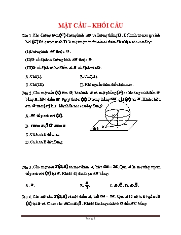 Bài tập trắc nghiệm Toán Lớp 12 - Mặt cầu, khối cầu (Có đáp án)