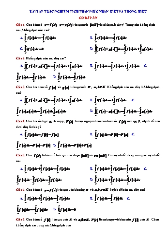 Bài tập trắc nghiệm Toán Lớp 12 (Mức độ nhận biết thông hiểu) - Tích phân (Có đáp án)