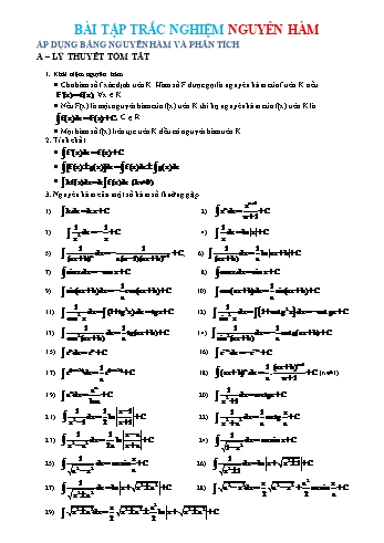 Bài tập trắc nghiệm Toán Lớp 12 - Nguyên hàm (Có đáp án)