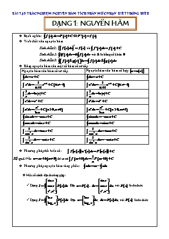 Bài tập trắc nghiệm Toán Lớp 12 (Nhận biết và thông hiểu) - Nguyên hàm, tích phân