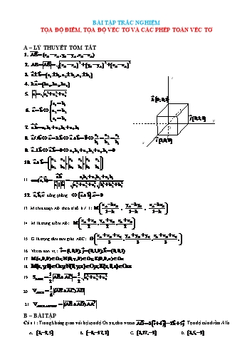 Bài tập trắc nghiệm Toán Lớp 12 - Tọa độ điểm, tọa độ véc tơ và các phép toán véc tơ (Có đáp án)