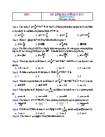 Đề kiểm tra giữa học kì 1 Toán Lớp 12 - Đề 3 (Có đáp án)