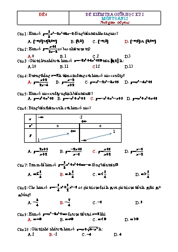 Đề kiểm tra giữa học kì 1 Toán Lớp 12 - Đề 4 (Có đáp án)