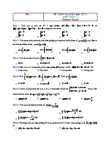 Đề kiểm tra giữa học kì 2 Toán Lớp 12 - Đề 1 (Có đáp án)