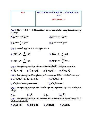 Đề kiểm tra giữa học kì 2 Toán Lớp 12 - Đề 1 - Năm học 2021-2022 (Có đáp án)