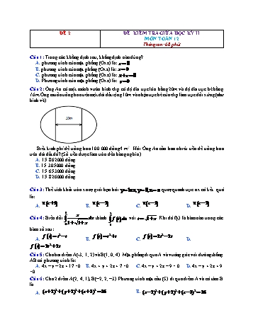 Đề kiểm tra giữa học kì 2 Toán Lớp 12 - Đề 2 (Có đáp án)