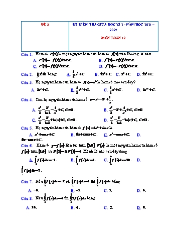 Đề kiểm tra giữa học kì 2 Toán Lớp 12 - Đề 3 - Năm học 2021-2022 (Có đáp án)