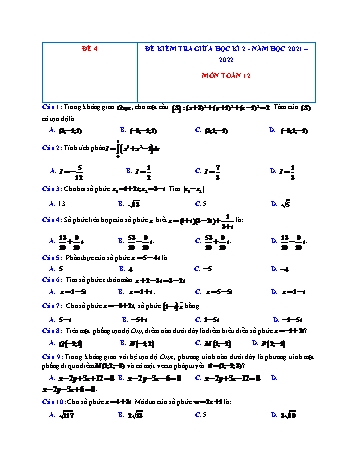 Đề kiểm tra giữa học kì 2 Toán Lớp 12 - Đề 4 - Năm học 2021-2022 (Có đáp án)