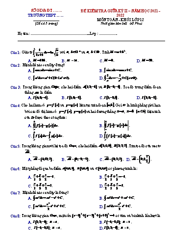 Đề kiểm tra giữa kì 2 Toán Lớp 12 - Năm học 2021-2022 (Có đáp án)