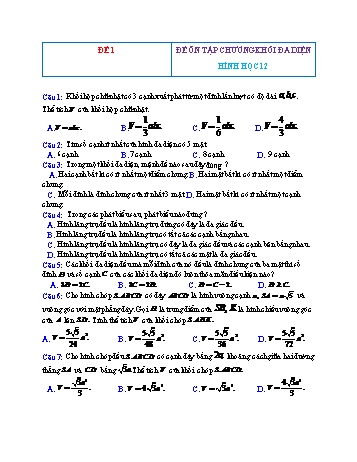 Đề ôn tập Hình học Lớp 12 - Chương 1: Khối đa diện - Đề 1 (Có đáp án)