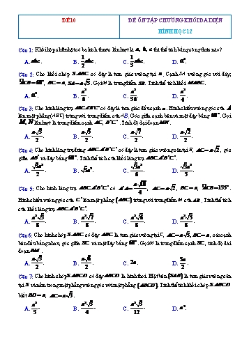 Đề ôn tập Hình học Lớp 12 - Chương 1: Khối đa diện - Đề 10 (Có đáp án)