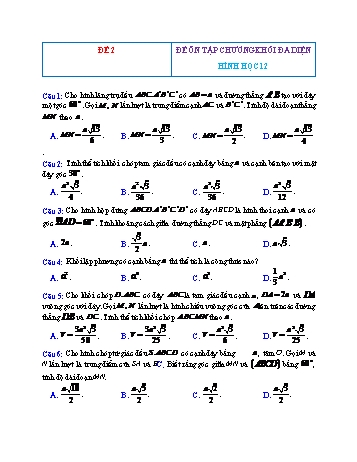 Đề ôn tập Hình học Lớp 12 - Chương 1: Khối đa diện - Đề 2 (Có đáp án)