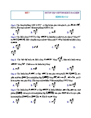 Đề ôn tập Hình học Lớp 12 - Chương 1: Khối đa diện - Đề 7 (Có đáp án)