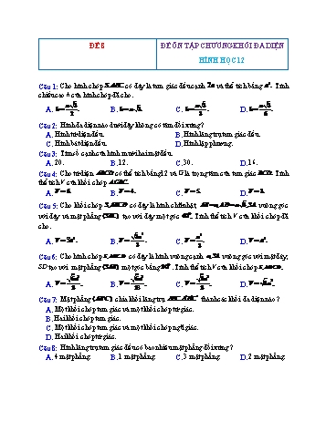 Đề ôn tập Hình học Lớp 12 - Chương 1: Khối đa diện - Đề 8 (Có đáp án)