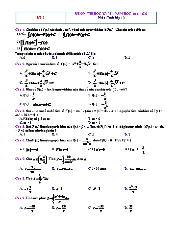 Đề ôn thi học kì 2 Toán Lớp 12 - Đề 2 - Năm học 2021-2022 (Có đáp án)