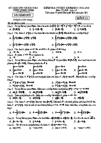 Kiểm tra cuối kì 2 Toán Lớp 12 - Năm học 2021-2022 - Sở GD&ĐT Quảng Nam (Có đáp án)