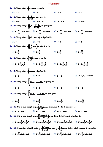 Trắc nghiệm Toán Lớp 12 - Tích phân (Có đáp án)