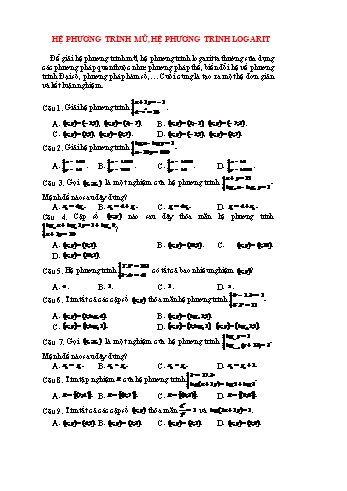Bài tập Toán Lớp 12 - Hệ phương trình mũ, hệ phương trình logarit (Có đáp án)